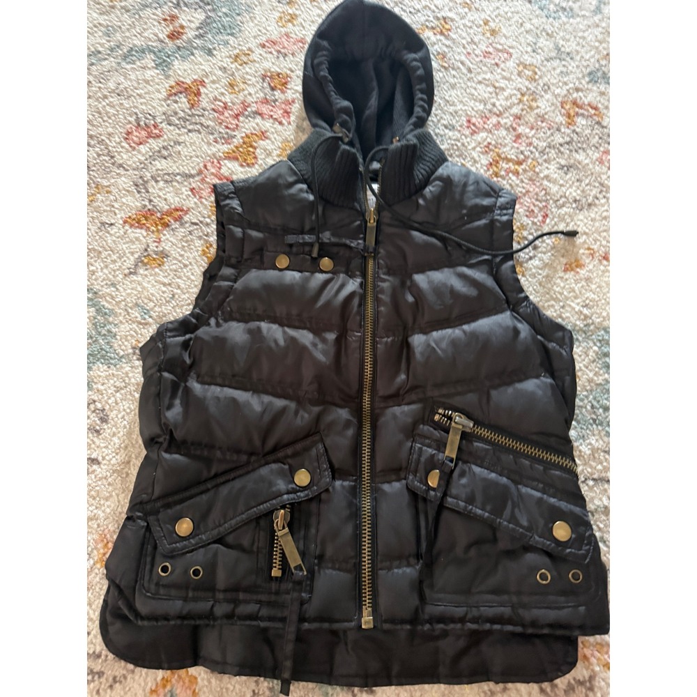 No Boundaries Vintage Y2k Grunge Black Down Feather Puffer Vest Hooded Utility S